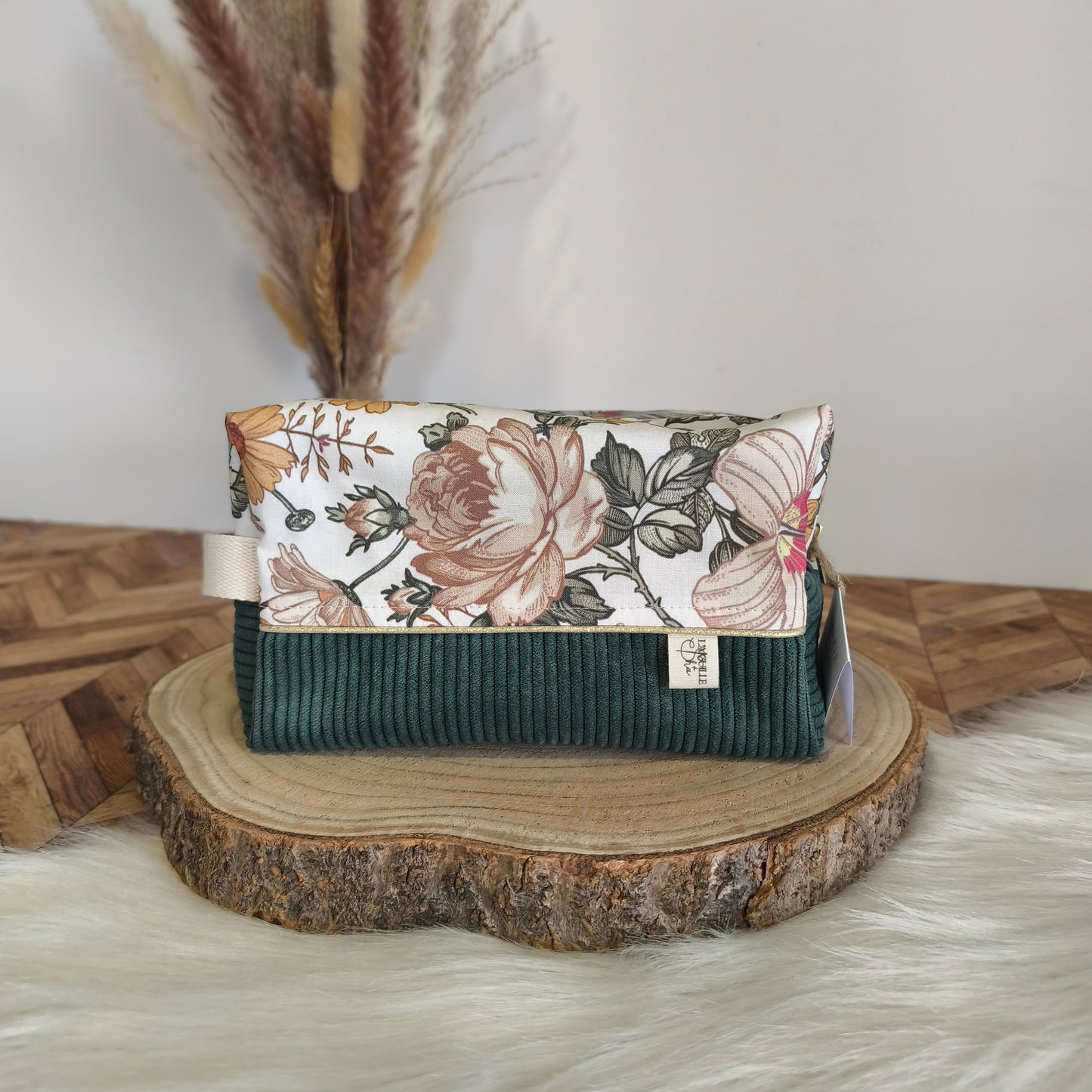 Trousse de toilette bi-matière fleur vintage velours vert canard