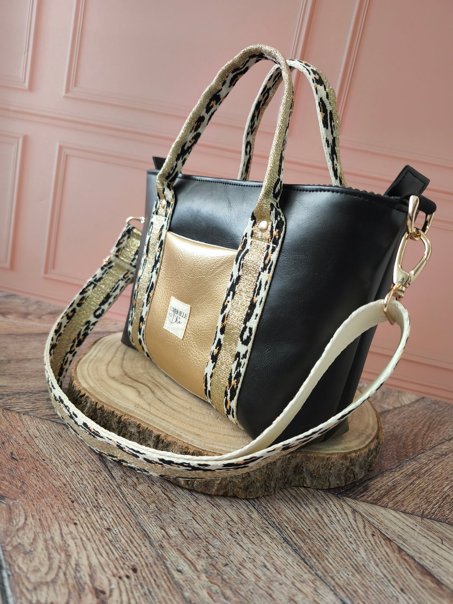 Cabas Chloé Noir & Doré Léopard